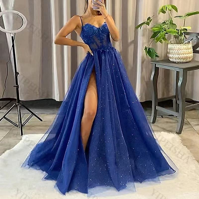 Suspender Evening Dress Cross Border New Style Birthday Party Little Sister Party Evening Dress High Waist Slim Side Slit Dress