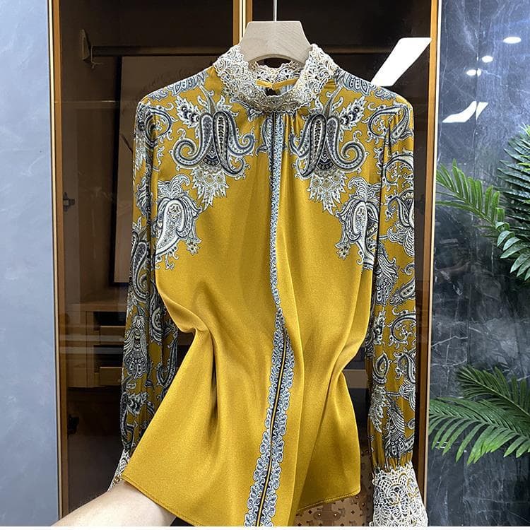 Temperament High-end Feeling Silk Shirt Women's Embroidered Hollow Print Noble Western Style Shirt