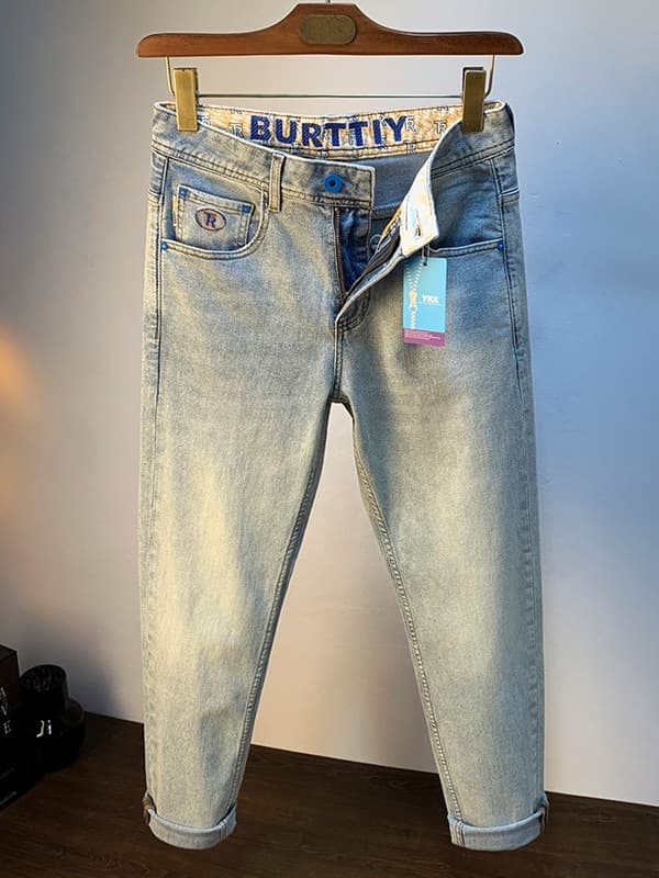 Men's Clothing Summer casual jeans for men light color retro whitening slim fit nine point pants high end light luxury slim elastic men's pants