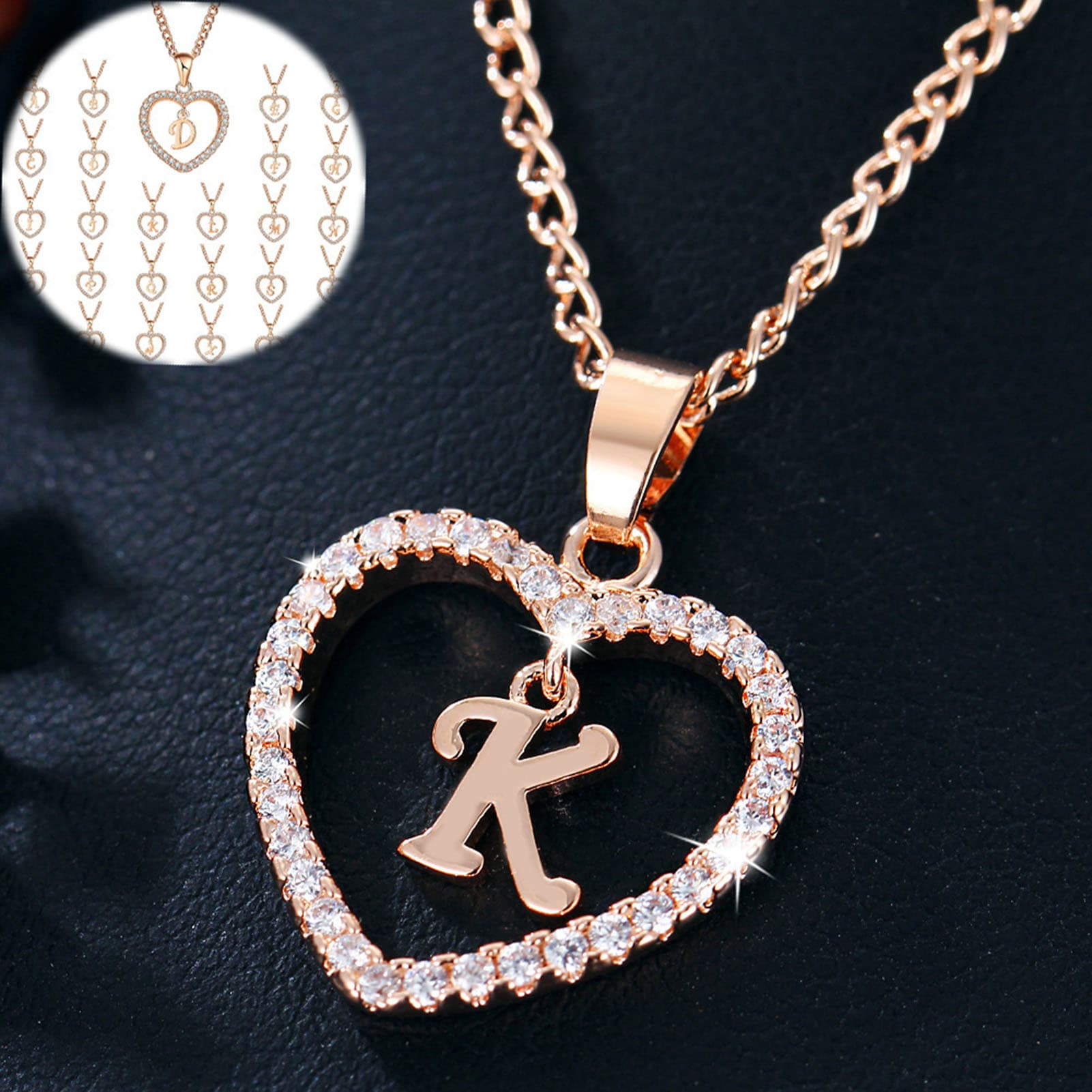 Shuosbai Shining Rhinestone Women Necklace Alloy 26 Letters Heart Pendant Necklace Jewelry Accessories