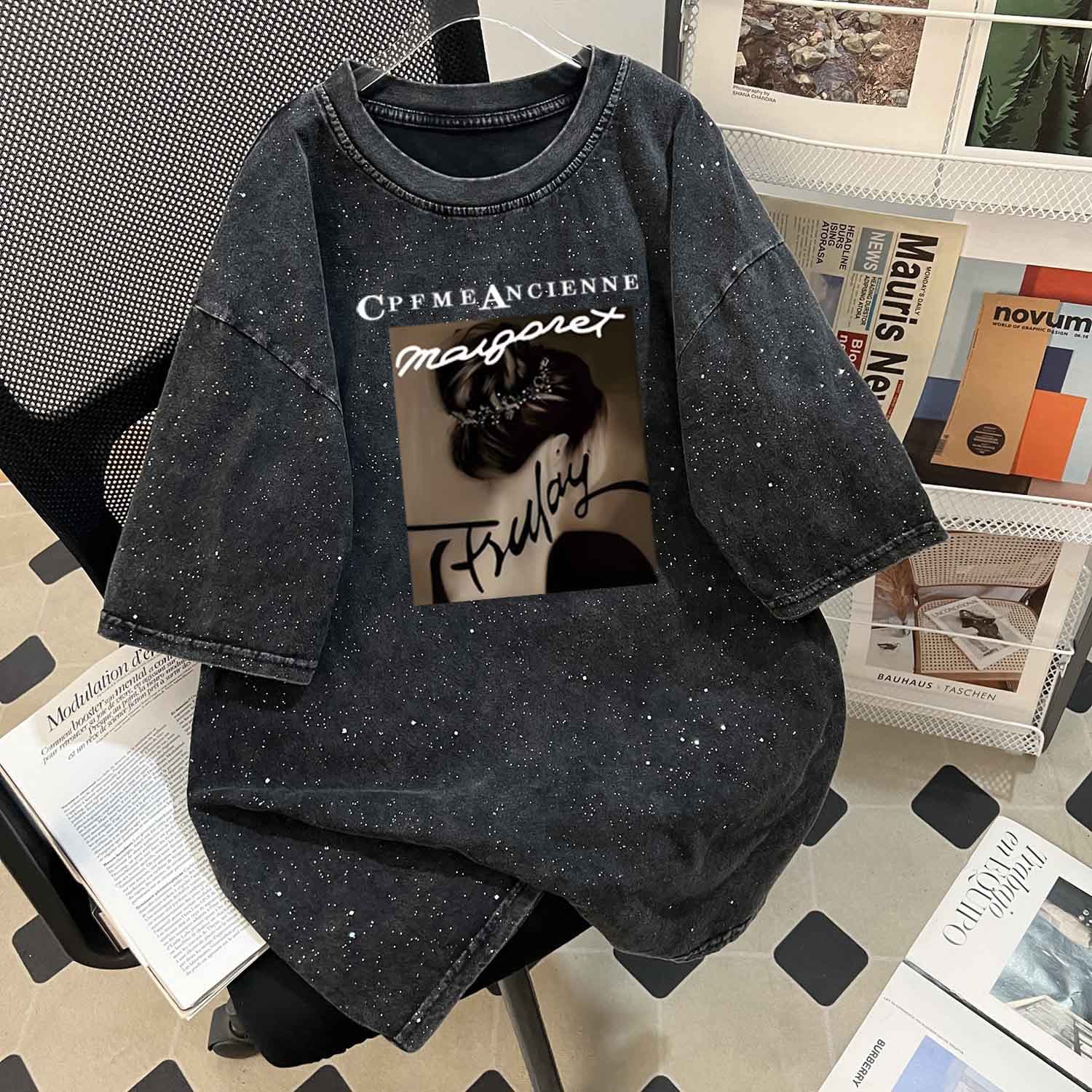 Women's Clothing Retro Washed Heavy Cotton Oversize Tops For Women American High Street Washed Distressed Starry Sky Short Sleeved T Shirt