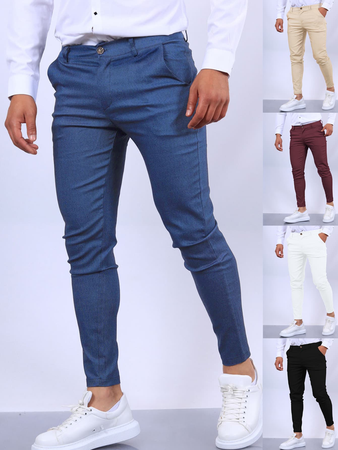 European New Men's Solid Color Texture Casual Elastic Pants Small Foot Formal Pants Slim Tapered Trousers For Men