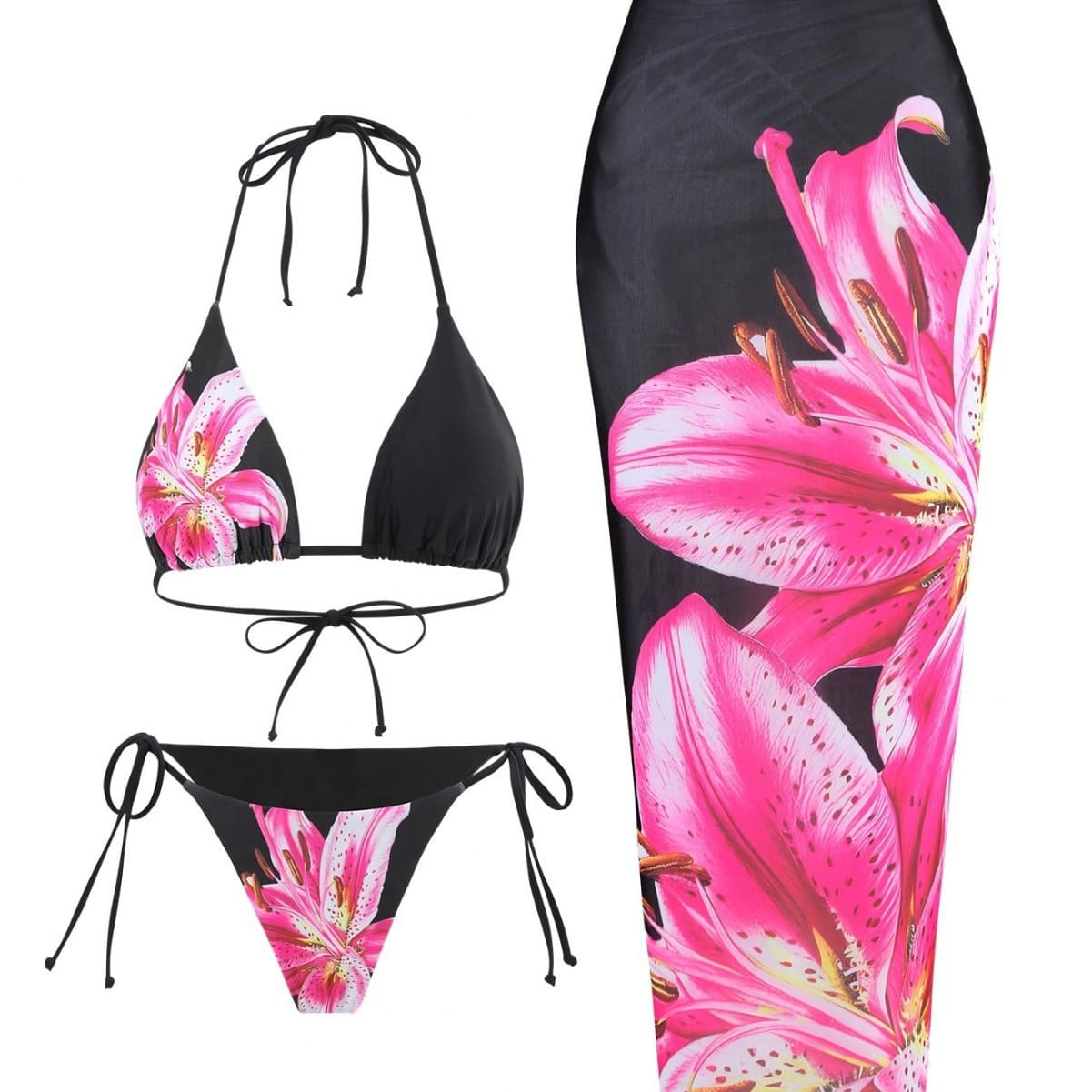New foreign trade cross border European and American style sexy printed three piece swimsuit charm lily fixed version printed model