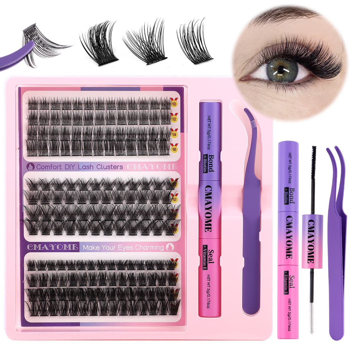 Segmented Single - Cluster DIY False Eyelash Glue & Tweezers Set 10 - 16mm, 3 - Style Mixed, Natural And Versatile Lashes
