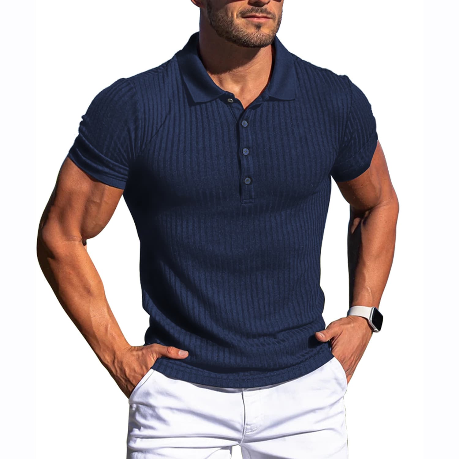 Men's Sports Fitness Leisure Stretch Vertical Strip Short-Sleeved Polo Shirt