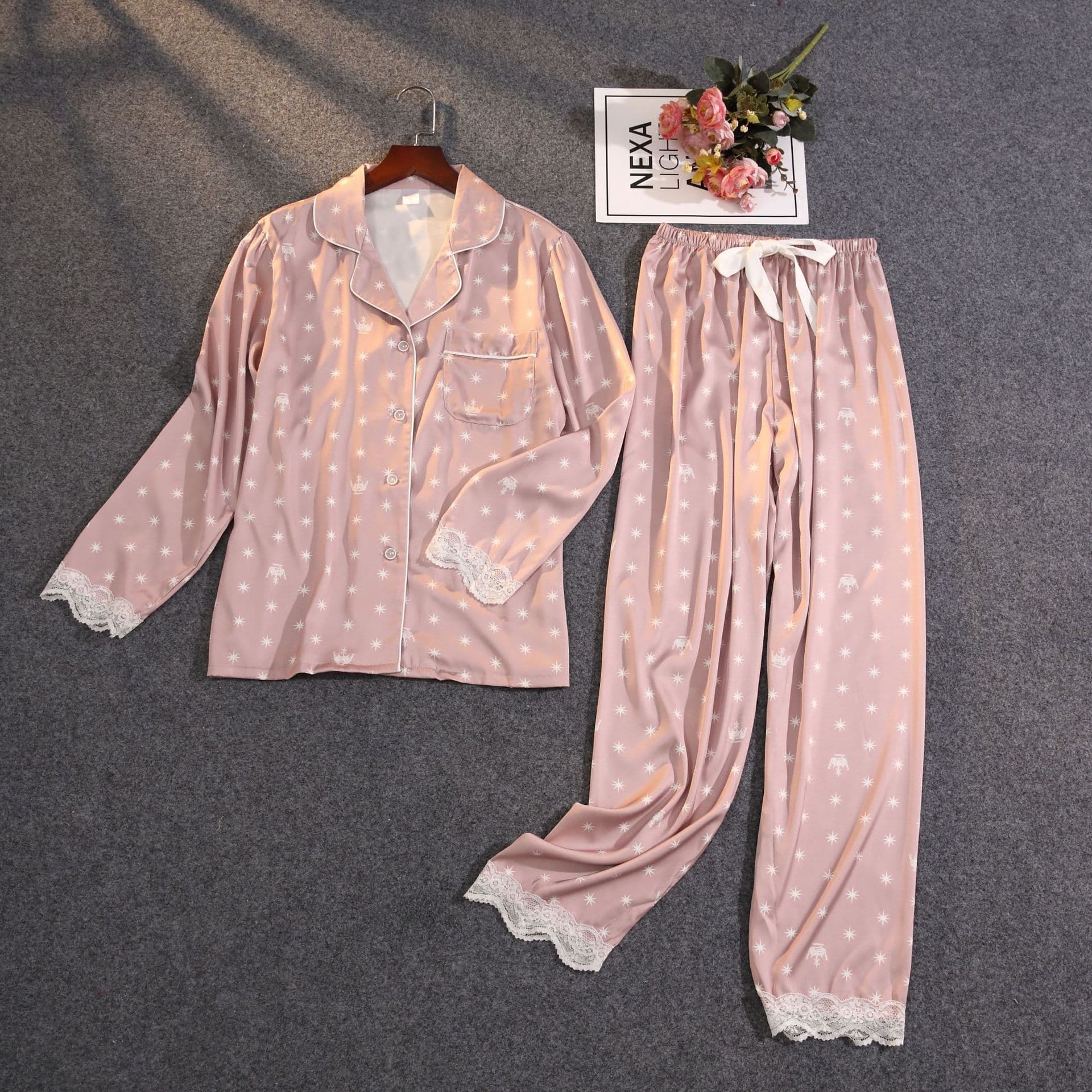 Underwear Summer Pajamas Double Length Spot Silk Thin Long Sleeve Bag Home Pink Support Star Crown