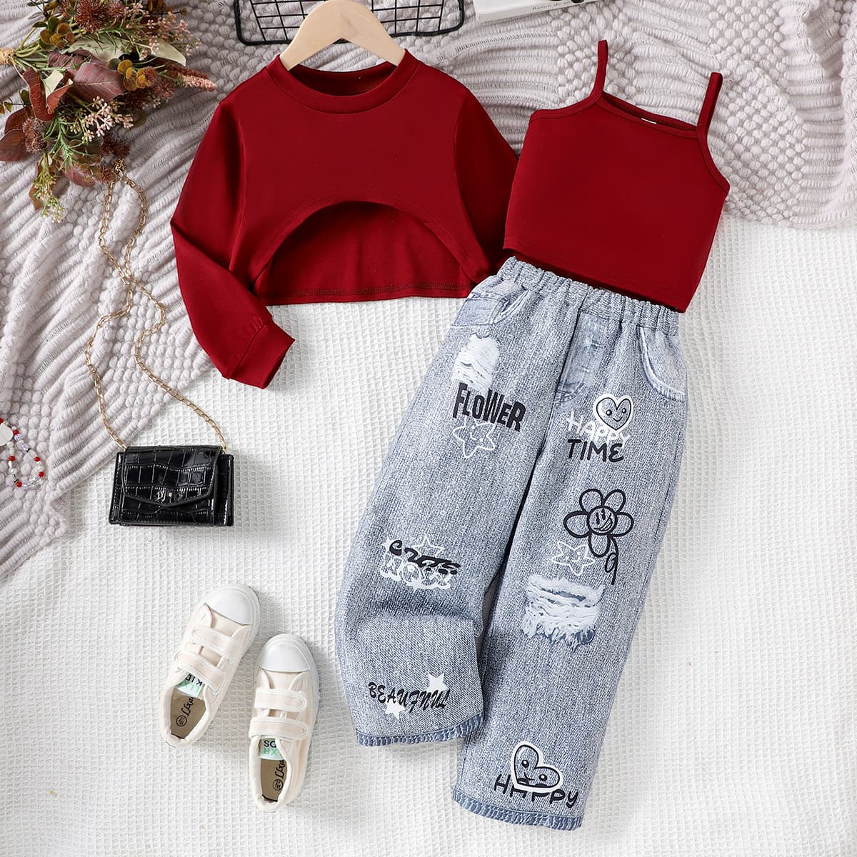 "3-Piece Girls' Outfit Set: Cotton Blend Sweatshirt, Shorts & Printed Pants – Soft & Stylish For Spring & Fall (Ages 3-7)"