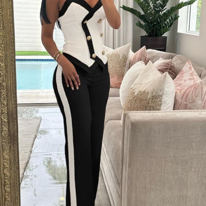 fashion double-breasted suspender suit women's suit