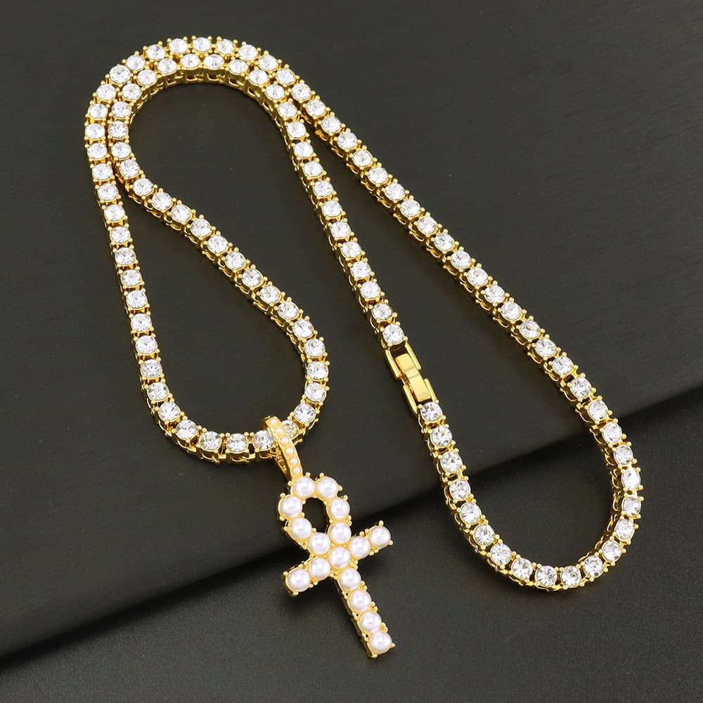 INS Light Luxury Style Pearl Inlaid Ankh Cross Pendant Necklace Full Cuban Single Row Diamond Tennis Chain