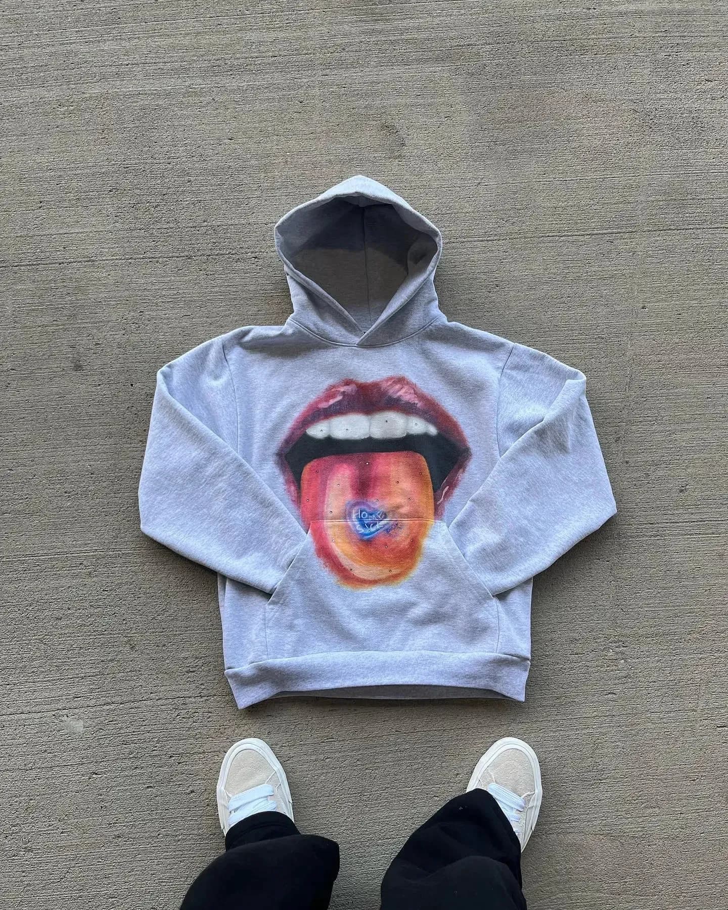 American Retro Tongue Printing Hooded Pure Cotton Sweatshirt Mens and Womens Loose Top streetwear haikyuu Y2K clothing