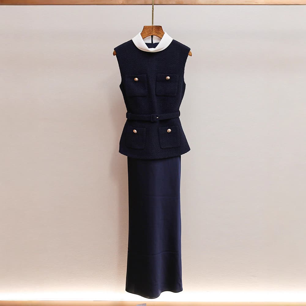 Women's Clothing Autumn Sophisticated Elegant Two Piece Satin Long Sleeveless Dress Fitted Waist Faux Two Piece Design Women's Clothing Dress
