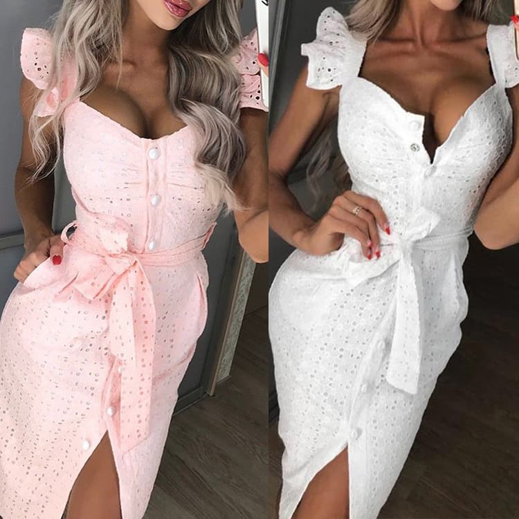 Women's summer square neck embroidered slim sexy hip-hugging dress