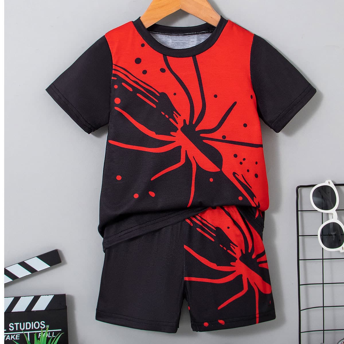 Mother&Kids Boys' spider print crew neck pullover short sleeve shorts casual suit
