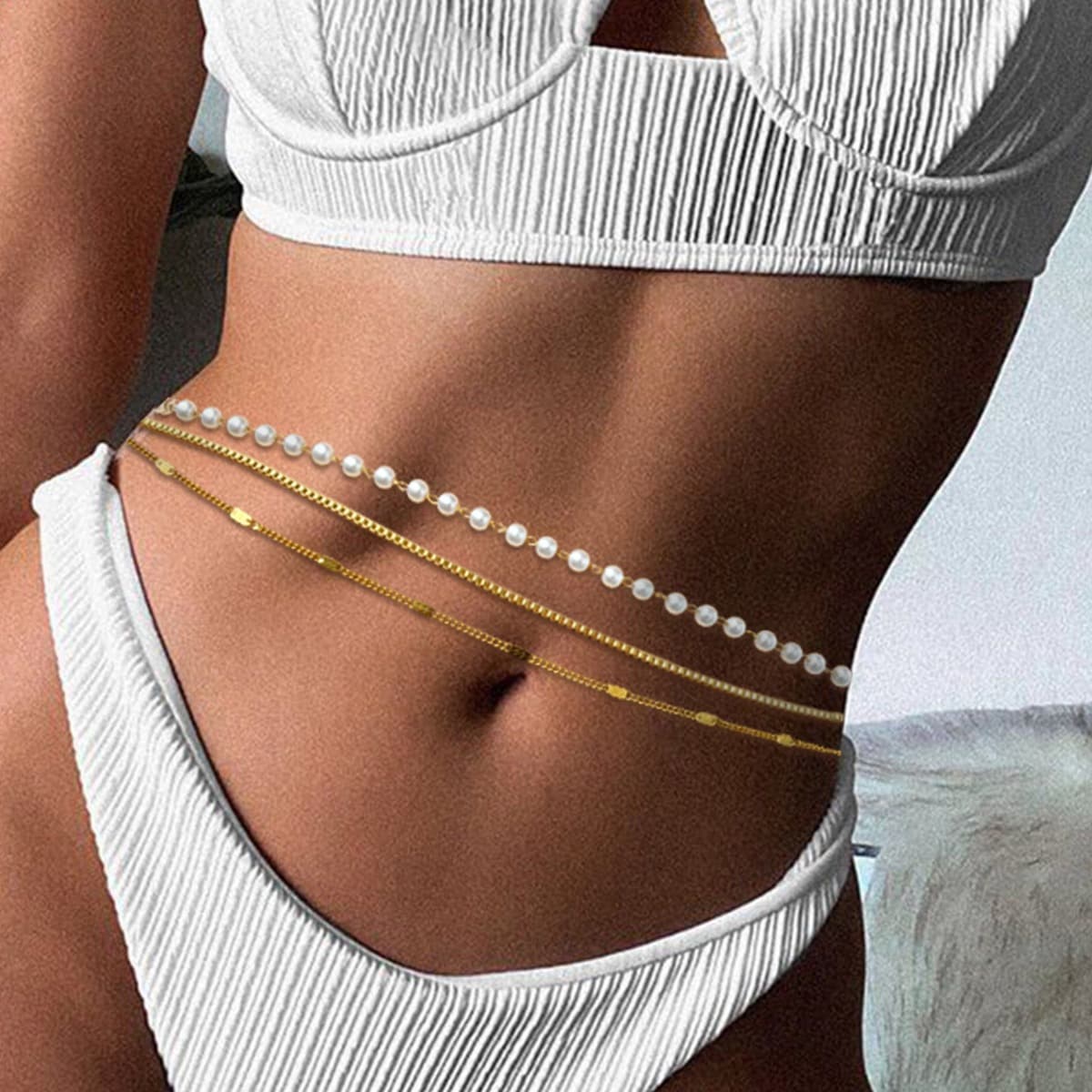 Trendy Multi Layer Metal Pearl Waist Chain Women's Simple Cold Style Waist Chain Versatile Body Chain