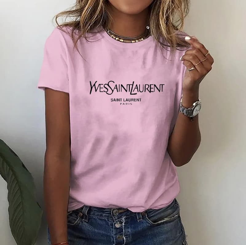 T-shirt imprimé décontracté à manches courtes YSL pour femme, style streetwear.