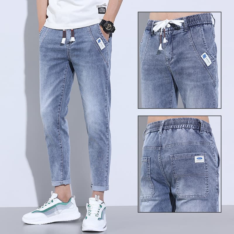 Light-colored Jeans Men's Elastic Men's Denim New Casual Men's Pants Summer Casual Pants Loose Pants Nine-point Pants