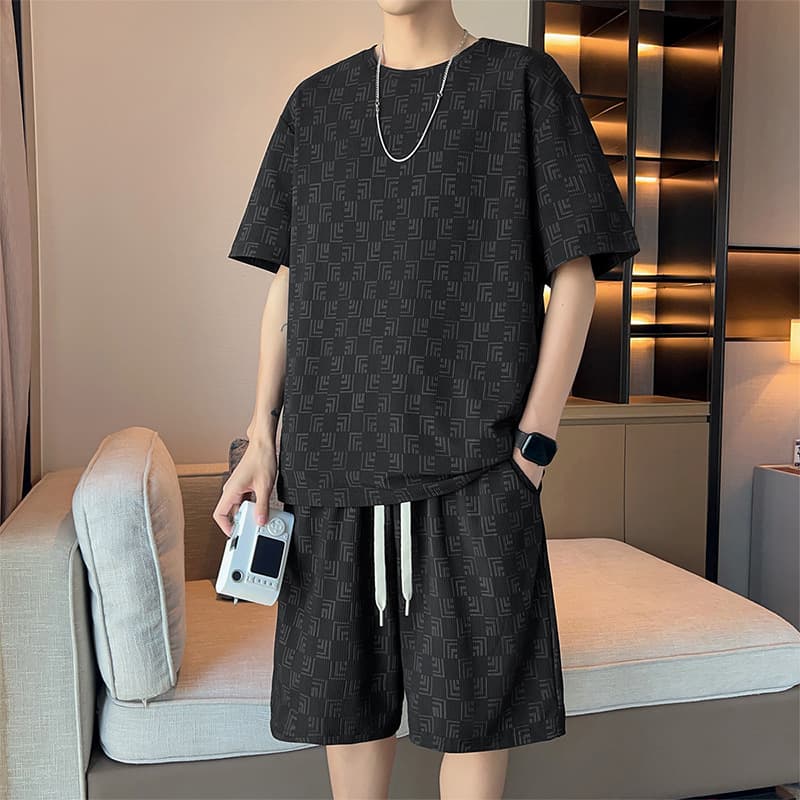 Men's Clothing Plaid Full Print Short Sleeved Shorts A Complete Set Of Men's Clothing Handsome Casual Sports Suit Two Piece Set