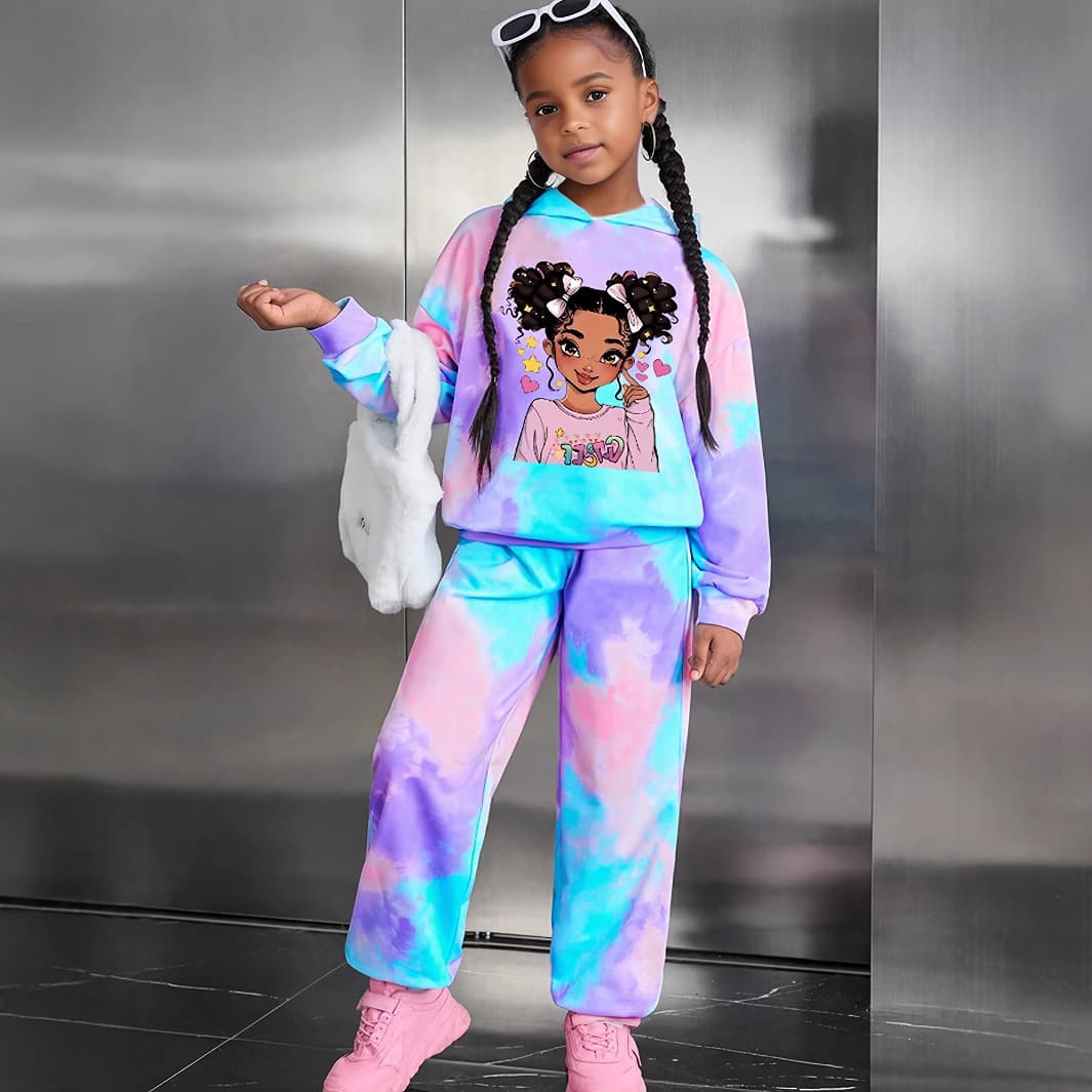 Kids’ Clothing Girls Cool Girl Stylish Tie Dye Full Print Trousers 2 Piece Autumn Suit Suitable