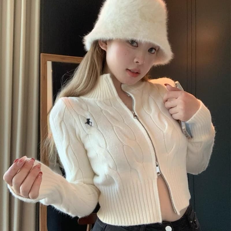 ​Chic Cable-Knit Polo Collar Cardigan – Winter-White Cropped Sweater With Dual Zipper & Princess Sleeves, Cozy Chenille Knit For Layering