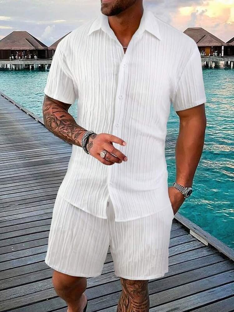 Men's Striped Lapel Shirt Shorts Trendy Casual Sports Suit
