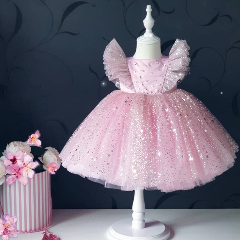 Mother & Kids children's princess dress with flying sleeves baby one-year-old performance dress with hot piece mesh tulle puffy skirt