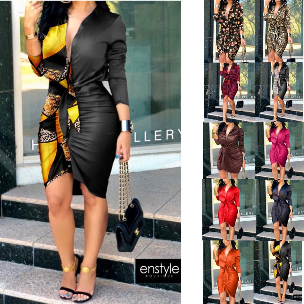 Women’s Clothing Women's V-neck Tie Solid Color Long-sleeved Mid-length Shirt Dress