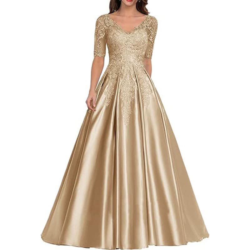 Elegant V-Neck Lace Evening Dress – Long A-Line Gown With Cap Sleeves For Parties & Hosting (XS-3XL, 5 Colors)