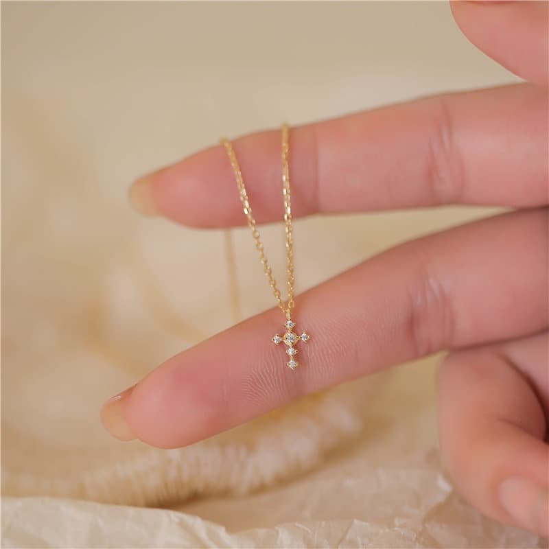 Small Design S Sterling Silver Plated 14K Gold Cross INS Cool Wind Set Zircon Layered Necklace Women's Collar Chain