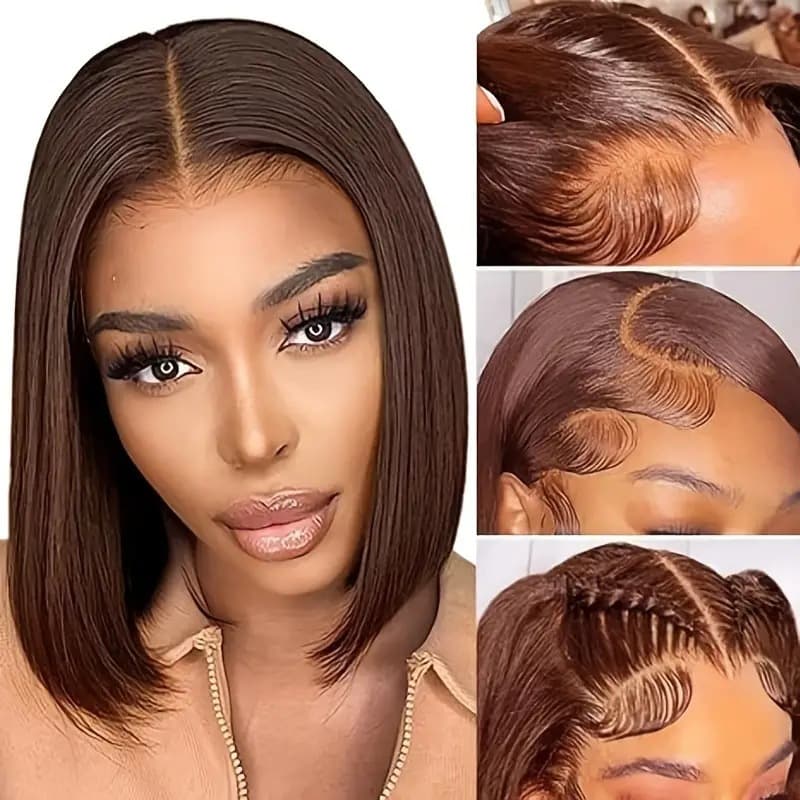Women's Full Head Lace Front Wig Bob European Style Synthetic Short Straight Hair Average Size Cap For Daily Use