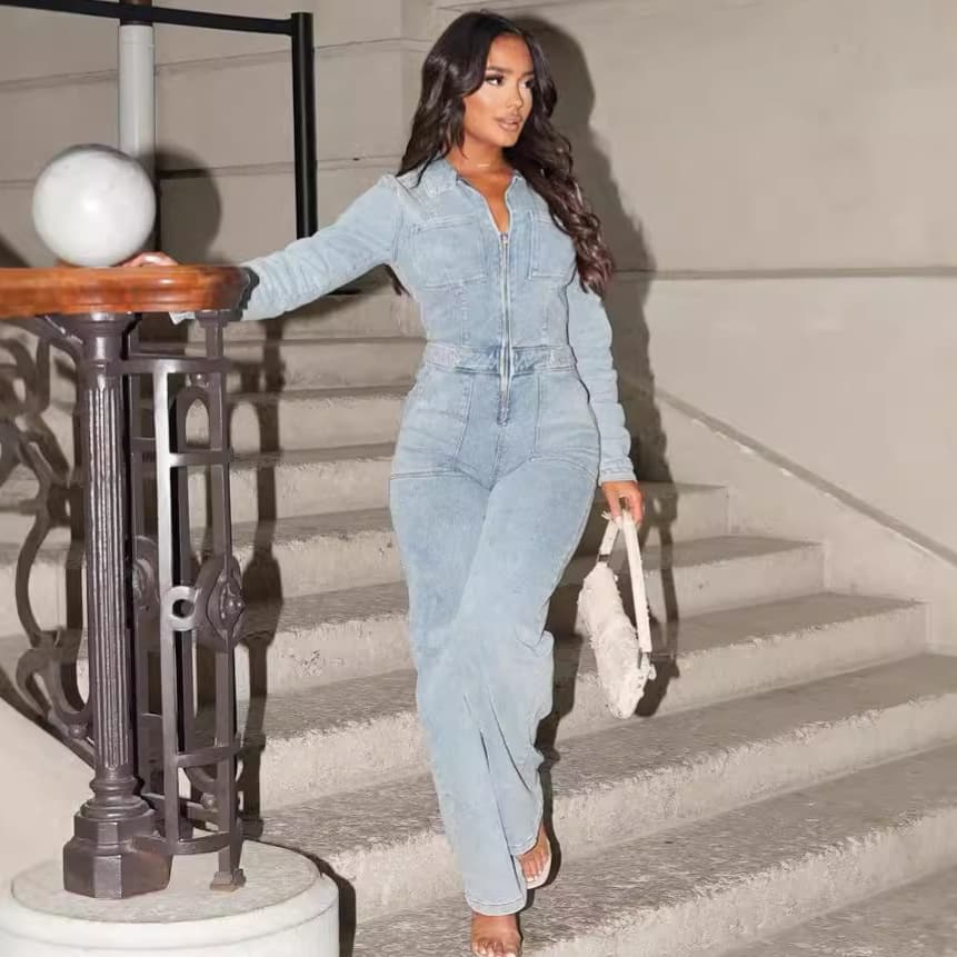 ​​Women's Zip-Front Denim Jumpsuit | Pure & Sexy Style | Stretchy Slim-Fit Romper With Deep V-Neck​​