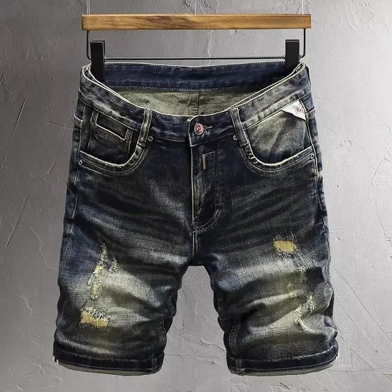 Summer new denim shorts for men, versatile and trendy, distressed cropped scraped casual pants, trendy brand
