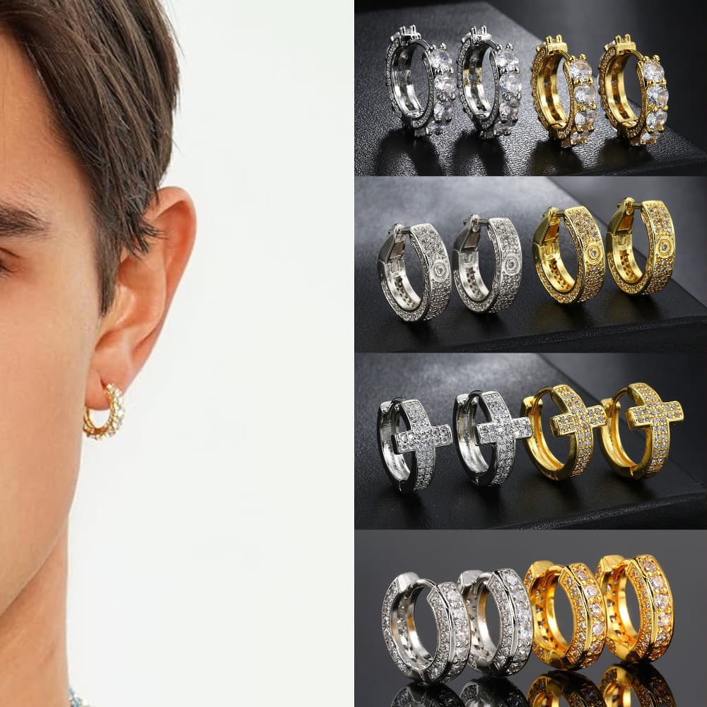 Unisex hip hop full diamond big ear buckle men's geometric round zircon earrings cross rivet trend earrings