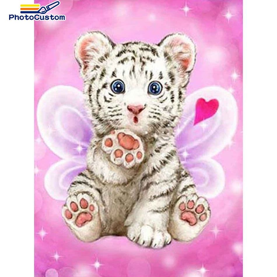 PhotoCustom 5d Diy Round Diamond PaintingCute Little Tiger Full Square Diamond Mosaic Handicraft Kits Wall Art Home Decor
