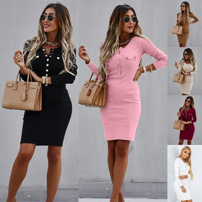 Women's Long-sleeved Crew-neck Dress With Buttons