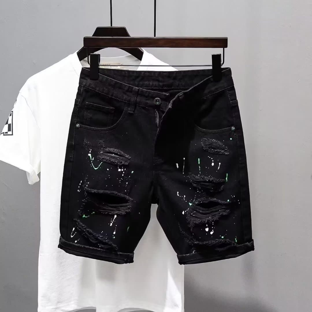 Trendy Boys' Personalized Beggar's Broken Split Pants 2024 Summer Versatile Slim Fit and Handsome Black Denim Shorts