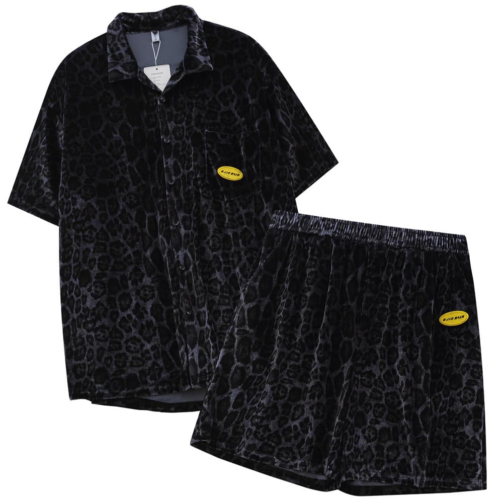 men's clothing trendy brand leopard print velvet leisure suit men's bf lazy style trend loose shirt shorts two-piece suit