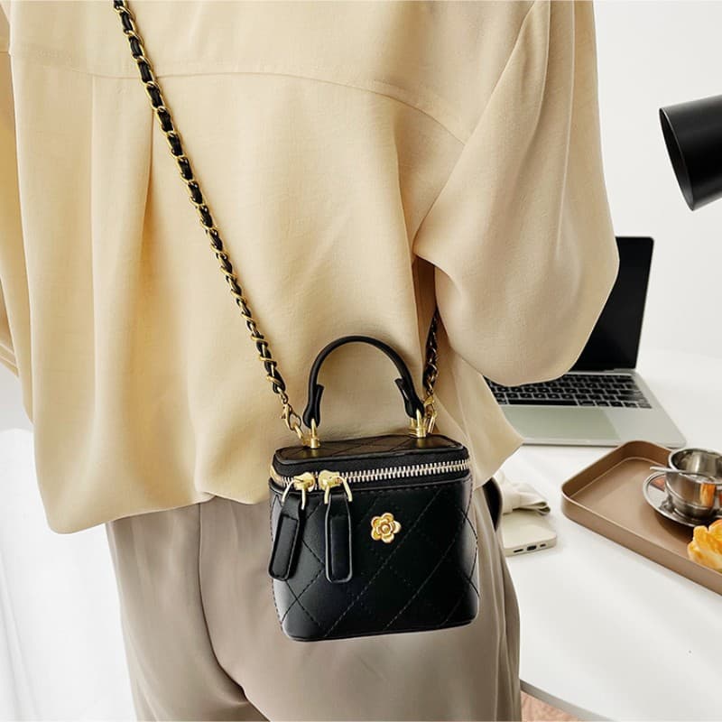 Women's Camellia Print Crossbody Bag High-End Plaid PU Leather Chain Box Bag Trendy Earphone & Lipstick Organizer For Commuting And Dating