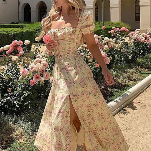 Women's Clothing Printed French Floral Backless Slim Sling Slit Dress