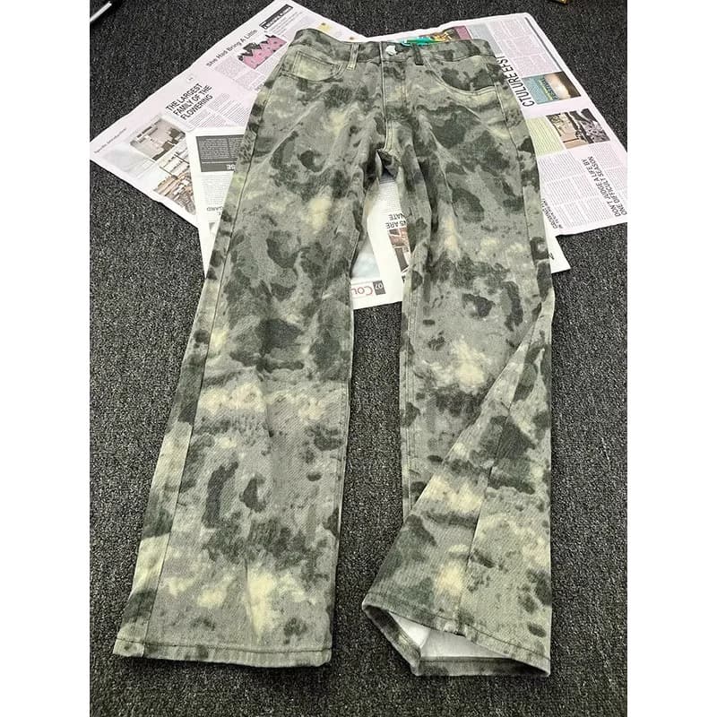 Men's Vintage Camo Cargo Jeans - Distressed Washed Straight Leg Loose Fit High Street Fashion With Multiple Pockets