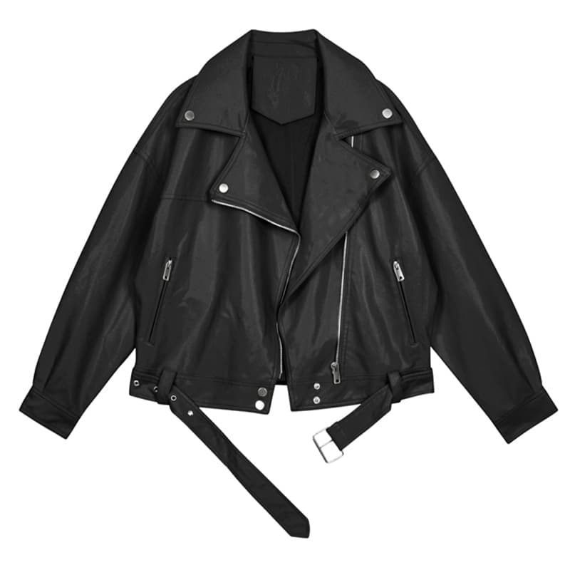 ​​Women's Pu Leather Jacket With Blazer Collar - Stylish Loose Fit Biker Coat For Spring & Autumn, Trendy & Versatile Outerwear​​