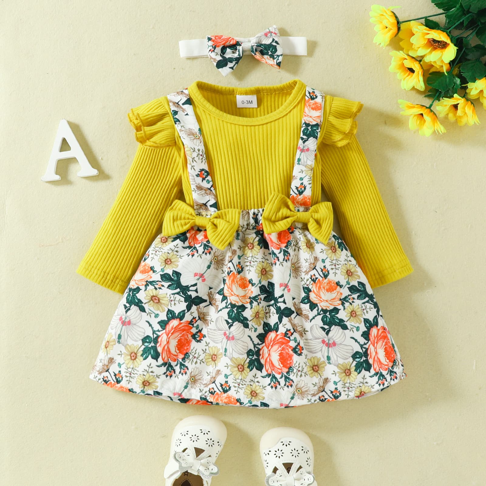 Babies' Clothes Autumn And Winter Baby Suspender Skirt Suit Baby Long-sleeved Romper Flower Bow Suspender Skirt
