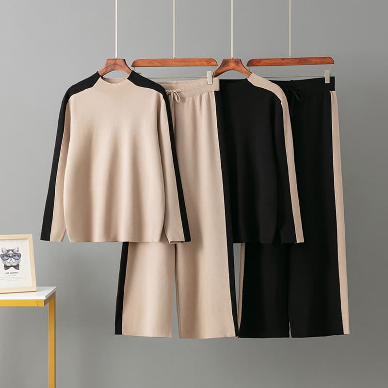 Women's Semi-turtleneck Knit Sweater & Wide-leg Pants Set - Stylish Two-piece Outfit For Autumn & Spring - Black & Khaki (One Size)