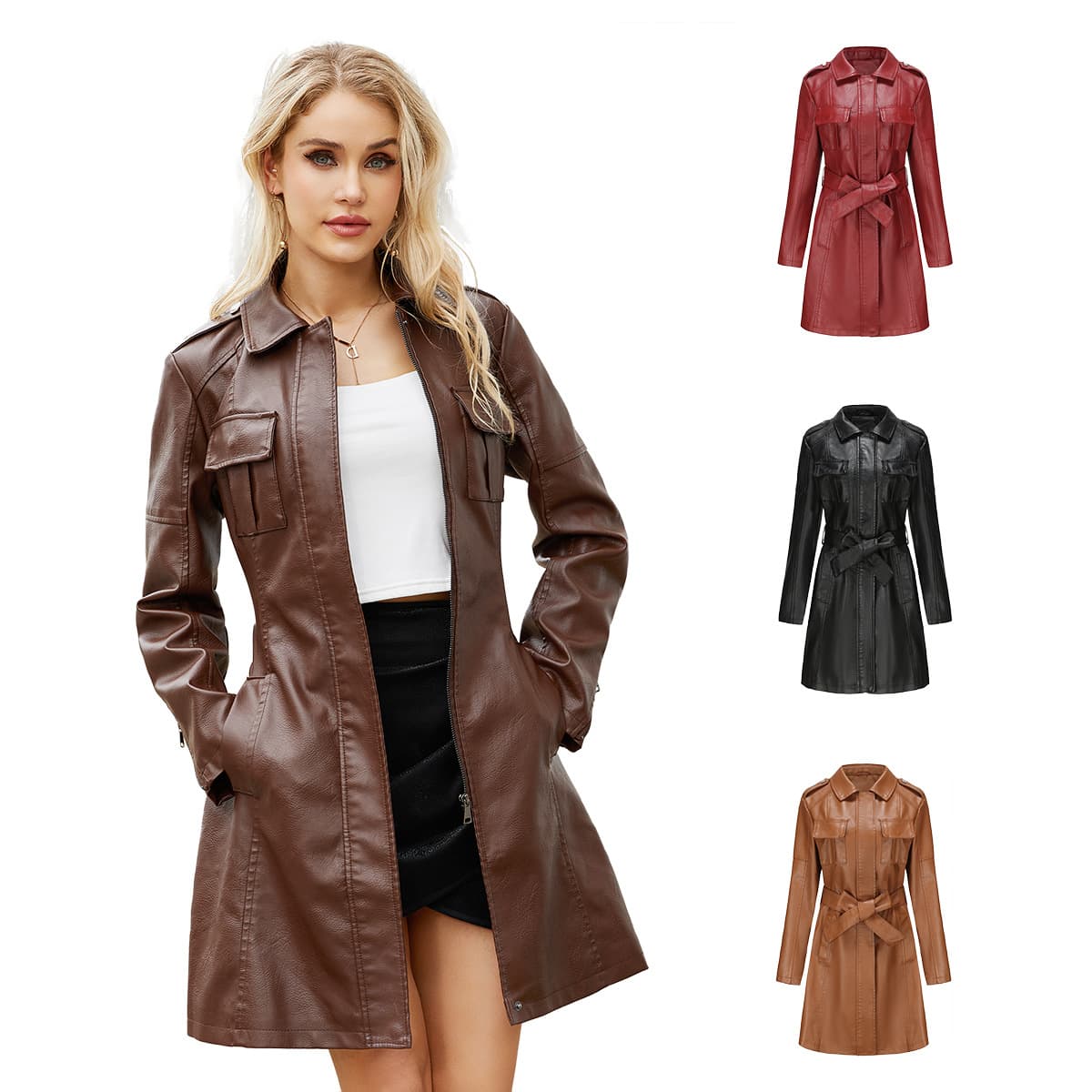 mid-length leather jacket with belt long-sleeved leather windbreaker fashionable British jacket for women 6652