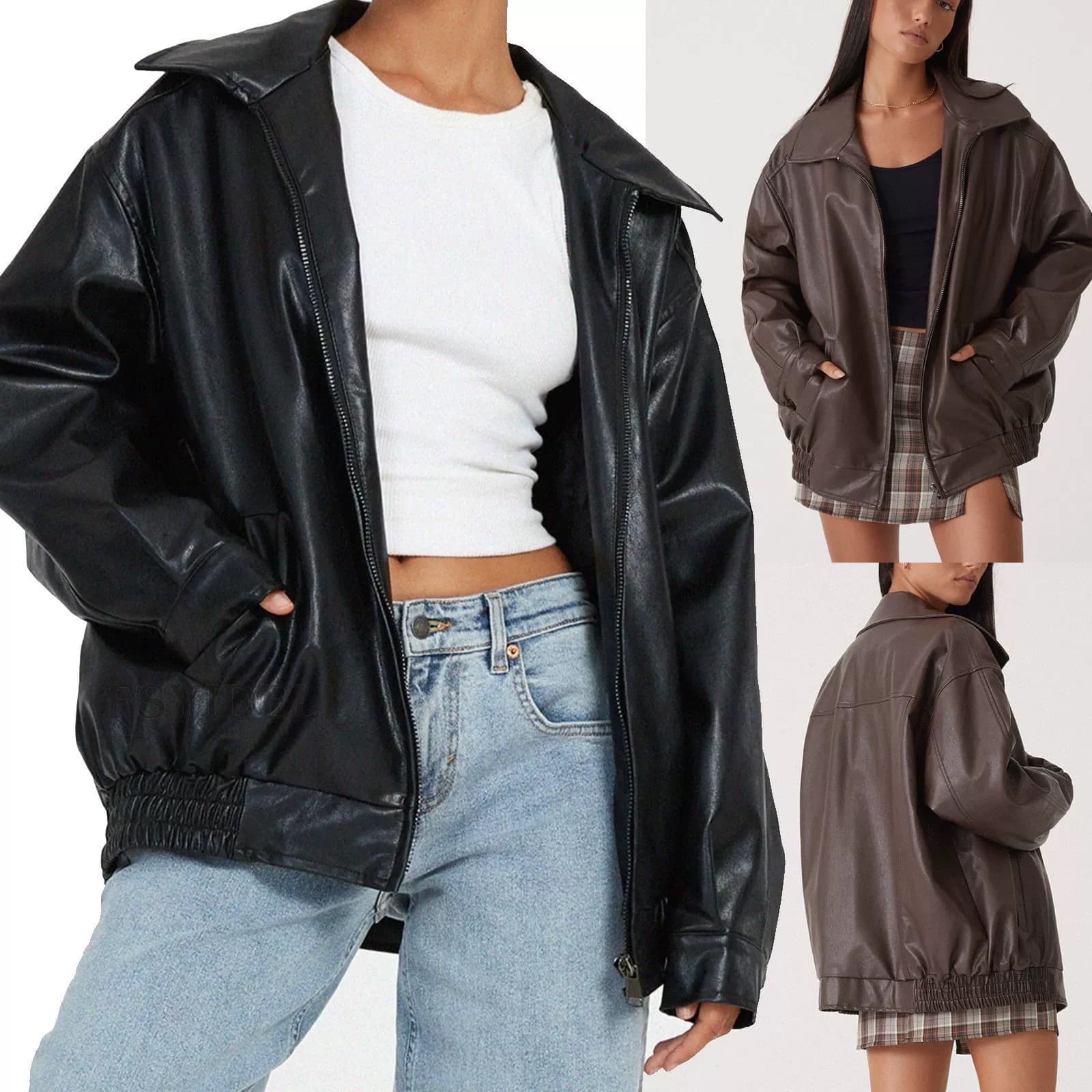 Women's PU Leather Jacket Oversized Biker Coat With Lapel & Elastic Waist - Streetwear Fashion For Autumn & Spring