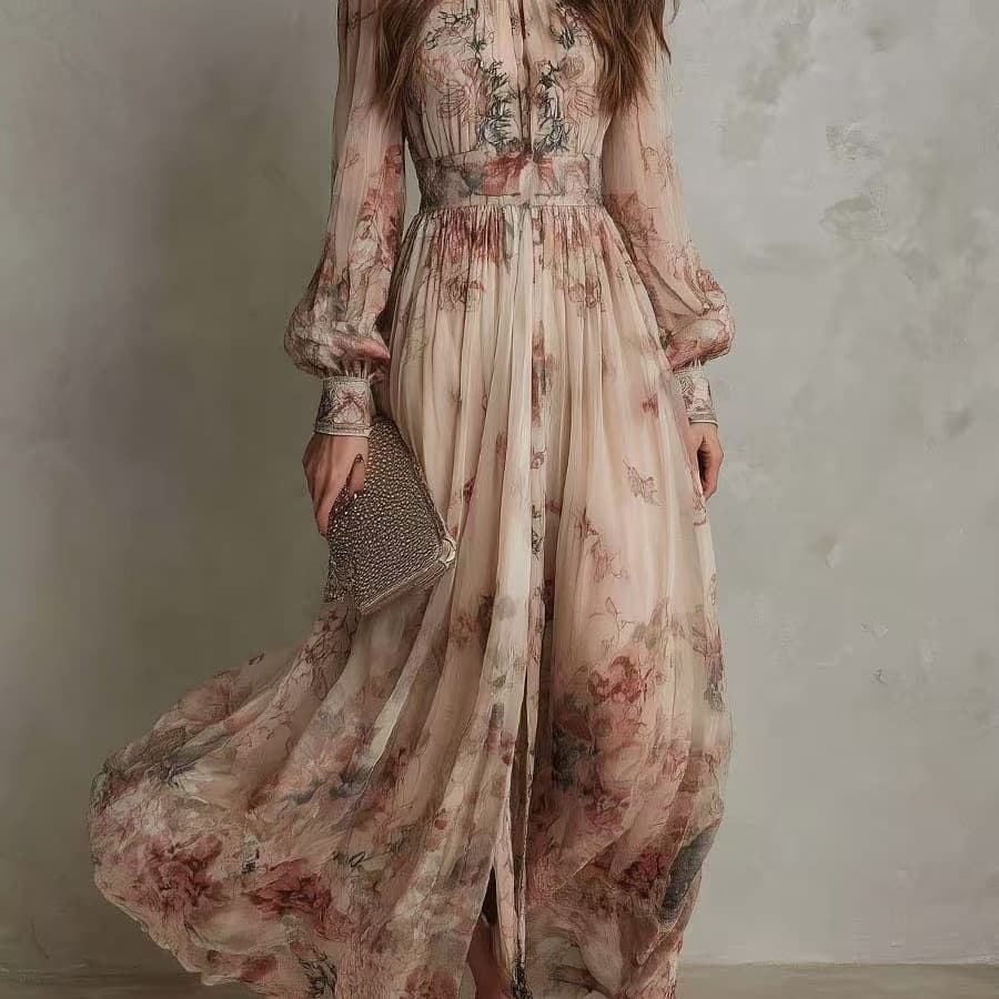Vintage Floral Print Chiffon Blouse - Crinkle Textured Long Sleeve Top With Tied Waist