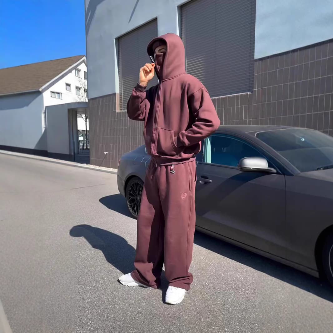 Men's Clothing Men's & Women's High Neck Zip-Up Hoodie Sweatshirt Set With Matching Pants - Streetwear Casual Outfit In Corduroy Fabric (Grey/Brown)​