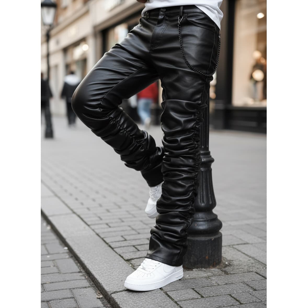 Men's Denim Coated Leather Pants European American Style Fashion Street Casual Straight Leg