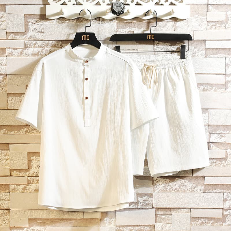 Men's Clothing Style Trend Sports Leisure Suit Solid Color Cotton And Linen Korean Version Stand Collar Short Sleeve T Shirt Two Piece Suit