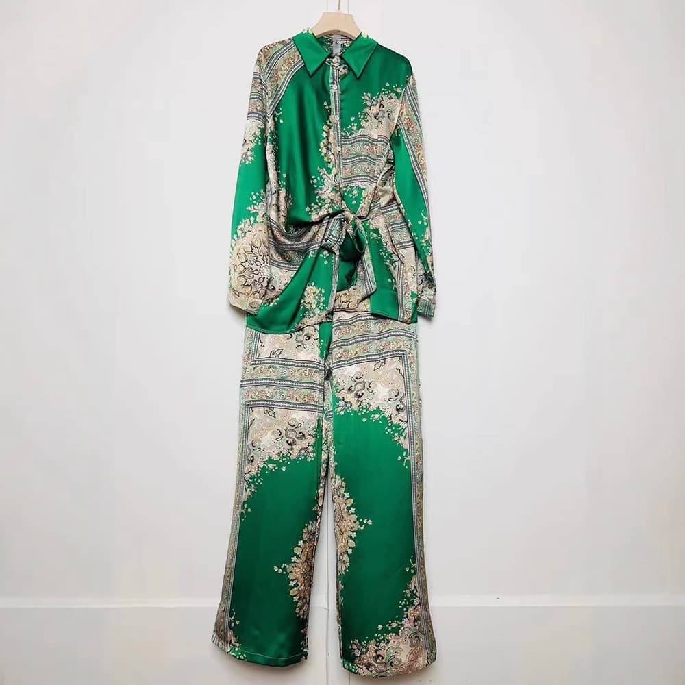 Women's Clothing Women's Retro Geometric Print Lace Up Waist Shirt Two Piece Spring Loose Wide Leg Pants Suit