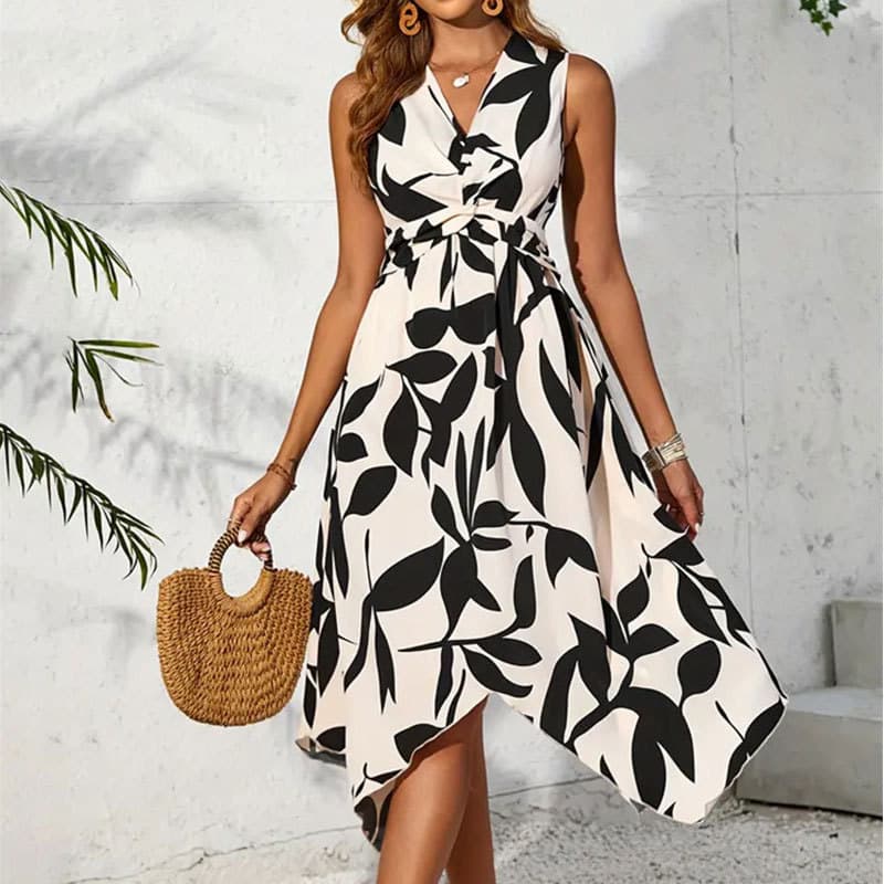 Women's Clothing Long sleeveless midi skirt leaf print twist irregular dress spring and summer women's design sense